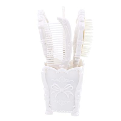FOMIYES Vintage Hand Mirror Comb Set: 5pcs Girls Cosmetic Wide Tooth Comb Handheld Mirror with Embossed Flower Detangling Hair Brush Rat Tail Comb with Holder