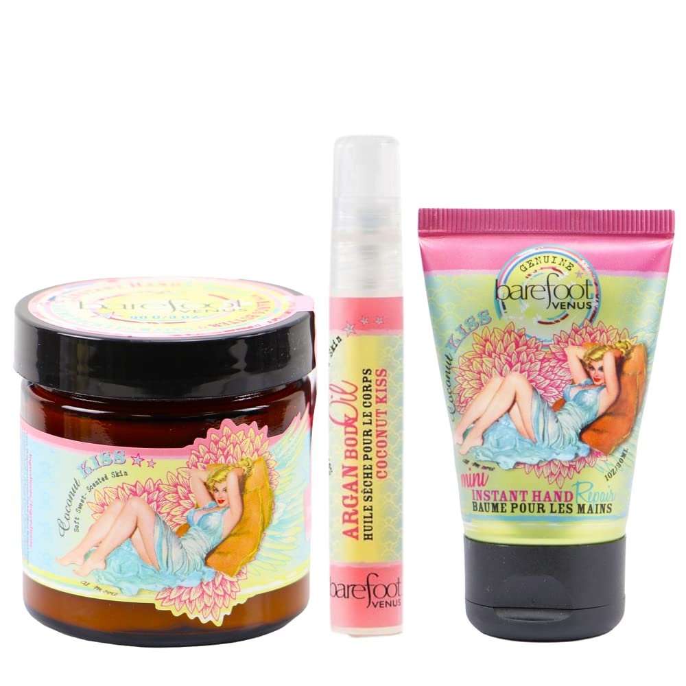 Barefoot Venus Coconut Kiss Bundle: Instant Hand Repair (3 oz), Mini Instant Hand Repair (1 oz), Argan Body Oil (0.27 oz)