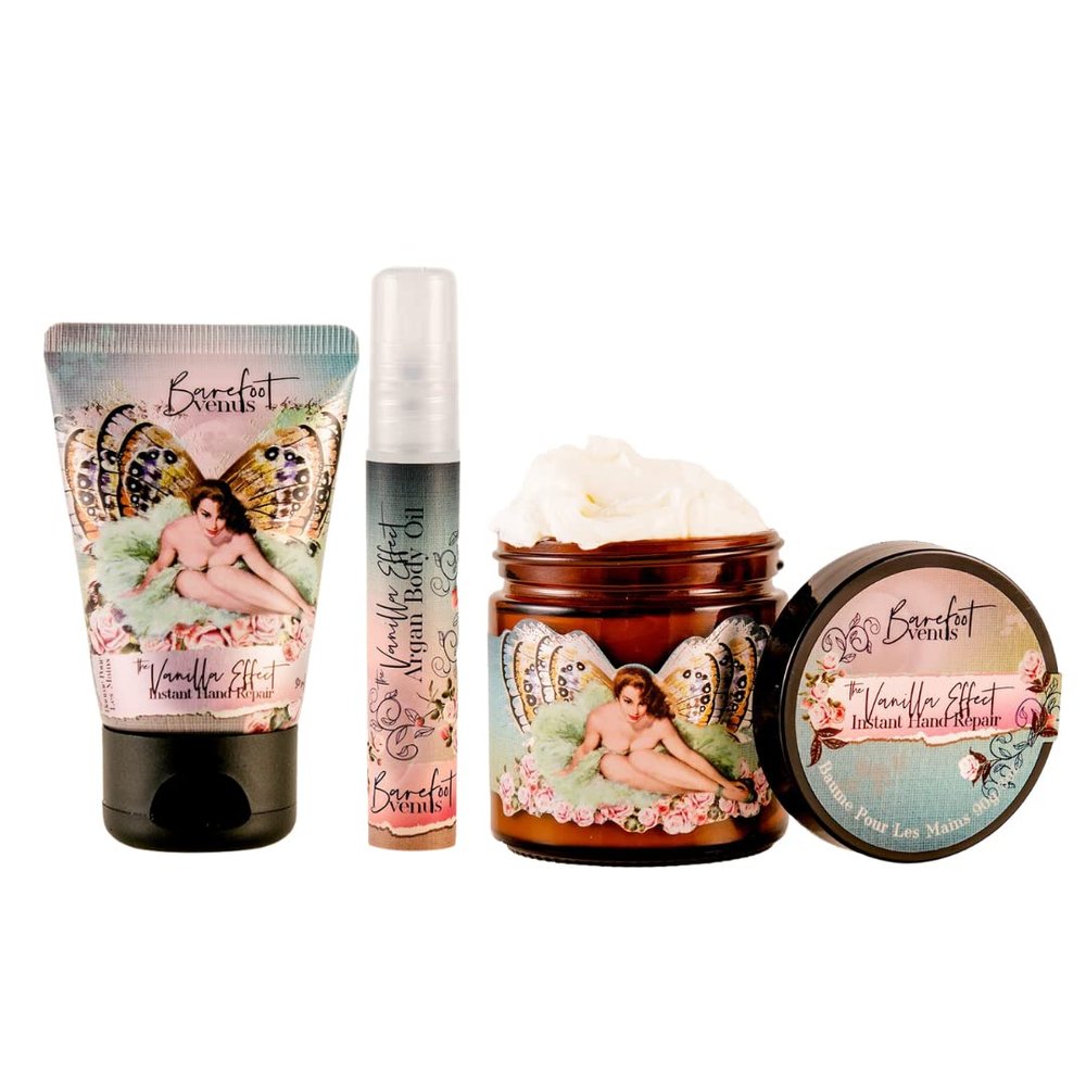 Barefoot Venus Vanilla Effect Bundle: Instant Hand Repair (3 oz), Mini Instant Hand Repair (1 oz), Argan Body Oil (0.27 oz)