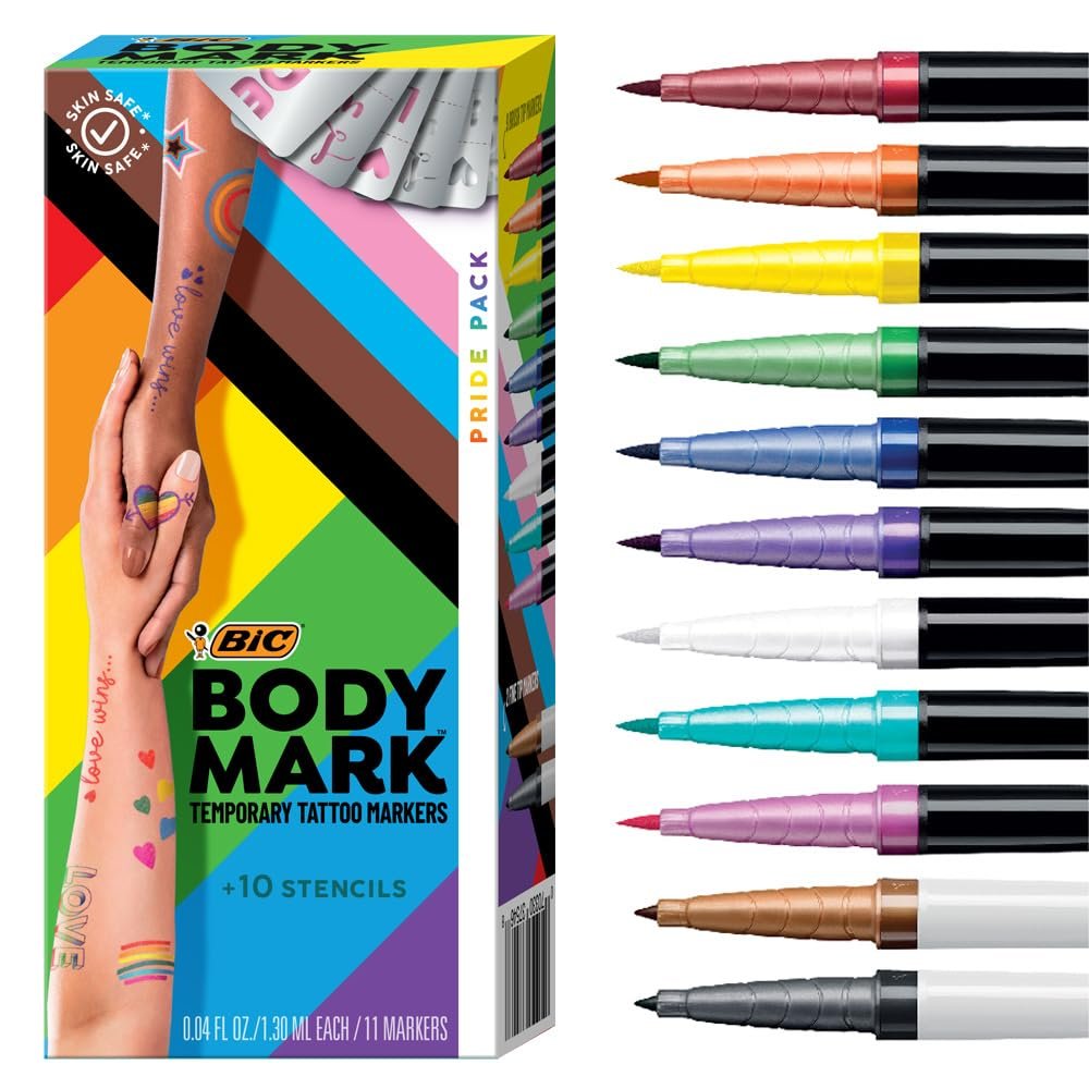 BIC BodyMark Temporary Tattoo Markers for Skin, Pride Pack, Flexible Brush Tip, 11-Count Pack of Assorted Colors, Skin-Safe, Cosmetic Quality, Unique Gifts