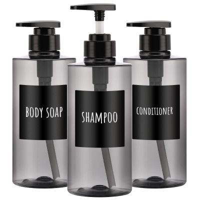 Segbeauty Shower Bottles Refillable, 3pcs 16.9oz/500ml Liquid Dispenser with Labels, Empty Plastic Lotion Pump Press Bottles for Shampoo, Conditioner, Body Soap, Hand Soap, Bathroom, Hotel - Gray