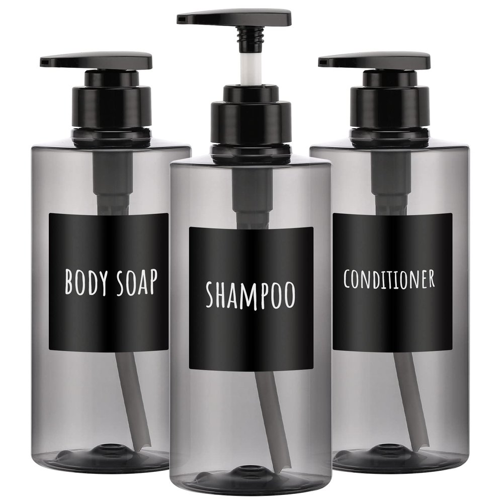 Segbeauty Shower Bottles Refillable, 3pcs 16.9oz/500ml Liquid Dispenser with Labels, Empty Plastic Lotion Pump Press Bottles for Shampoo, Conditioner, Body Soap, Hand Soap, Bathroom, Hotel - Gray
