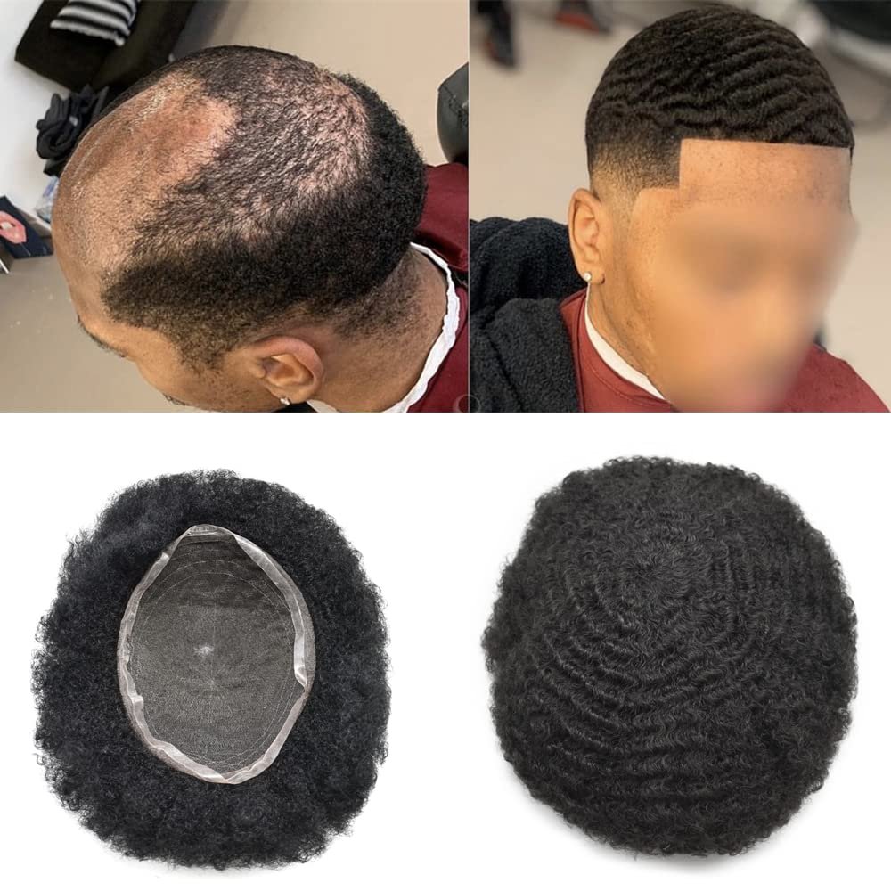 US Full Swiss Lace Afro Toupee for Men HD Lace Hairpieces for African American Brazilian Human Hair System Afro Kinky Curly Hair Super Natural Hairline 8x10'' Medium Density (8x10''-120% Medium Density, 1B# Off Black-10mm afro wave)