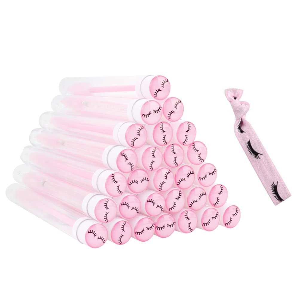 20 Pcs Pink wands + 1 pink hair tie Disposable Mascara Brushes Diamond Eyelash Spoolies Makeup Brush Mascara Wand in Sanitary Tube Lash Supplies