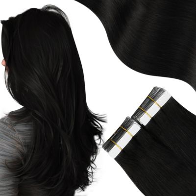 Moresoo Black Hair Extensions Tape in Hair Black Human Tape in Hair Extensions Seamless Glue in Extensions Real Human Hair 12 inch #1B 20Pcs 30G