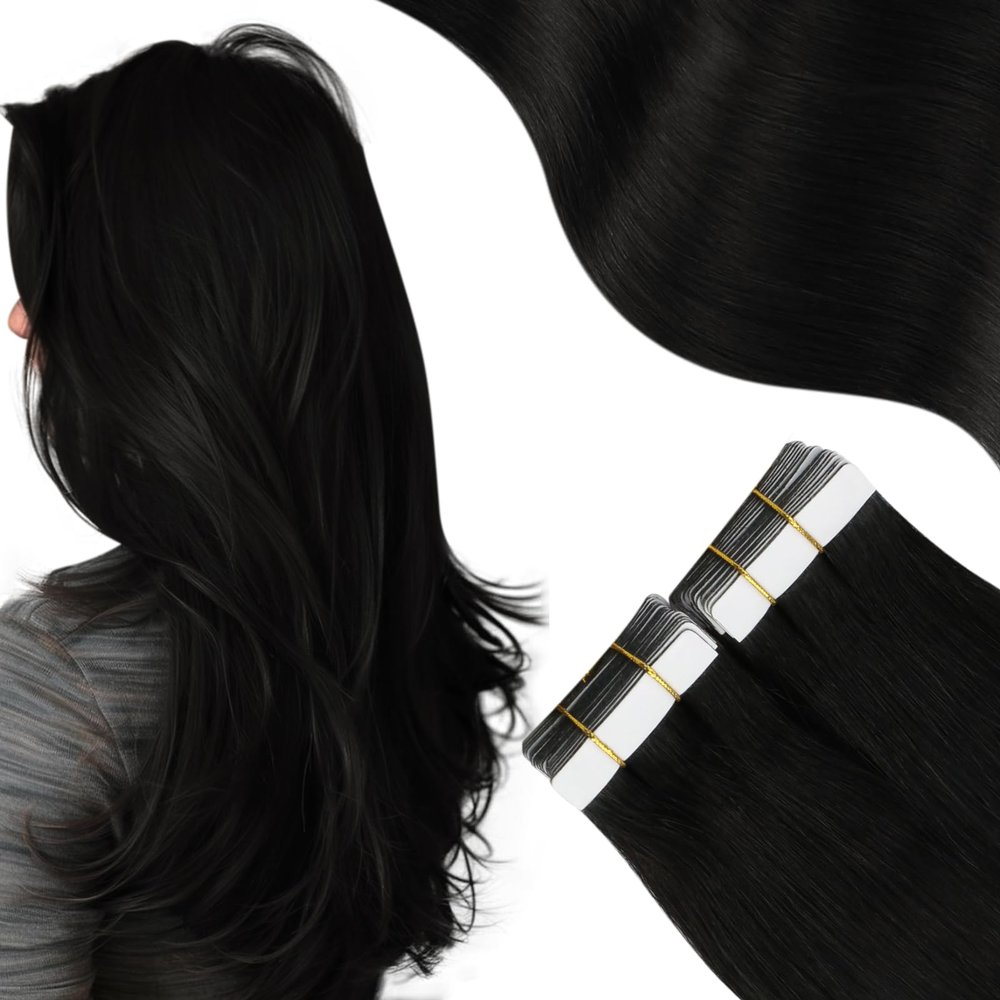 Moresoo Black Hair Extensions Tape in Hair Black Human Tape in Hair Extensions Seamless Glue in Extensions Real Human Hair 12 inch #1B 20Pcs 30G