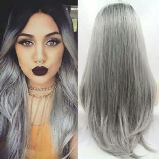 Medium Fake Leader Straight Hair Gradual Color high Temperature mitting YISSING (Color : Gray)