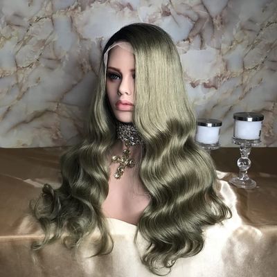 13x4 Right Side Part Long Galactic green Colored Loose Body Wave wigs Long Wavy Lace Front Wigs 100% Human Hair Wig Ombre 1B Light Olive with Natural Hairline for Women 150% Density(12inch, Light Olive Green)