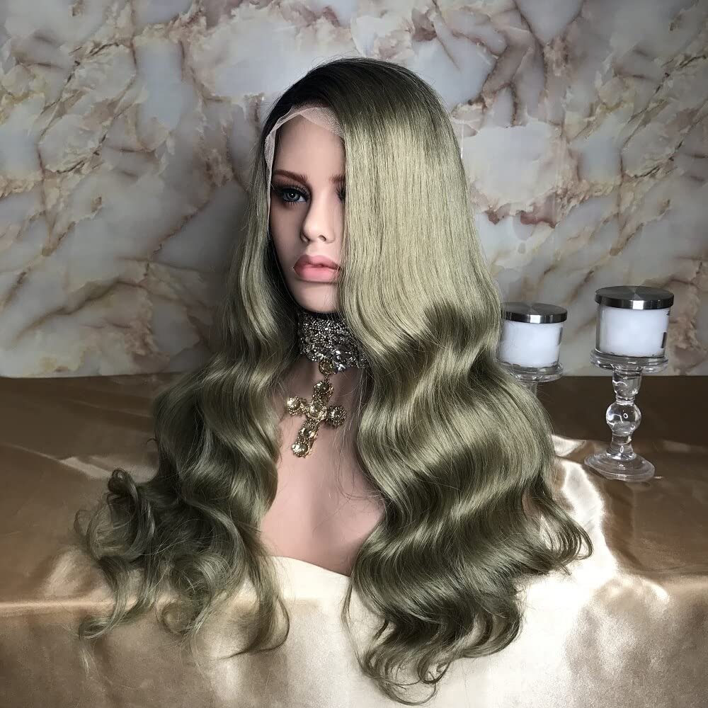13x4 Right Side Part Long Galactic green Colored Loose Body Wave wigs Long Wavy Lace Front Wigs 100% Human Hair Wig Ombre 1B Light Olive with Natural Hairline for Women 150% Density(12inch, Light Olive Green)