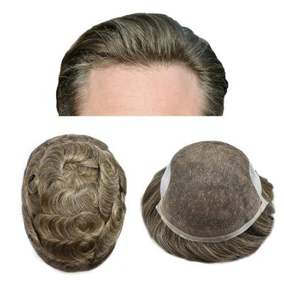 Toupee for men Hair Replacement Lace Front poly skin mens toupee hairpieces Natural human hair system for men Brown Gray Wigs for men hair unit(7"x9", #630 Light Brown+30% Gray-90% Light Density)