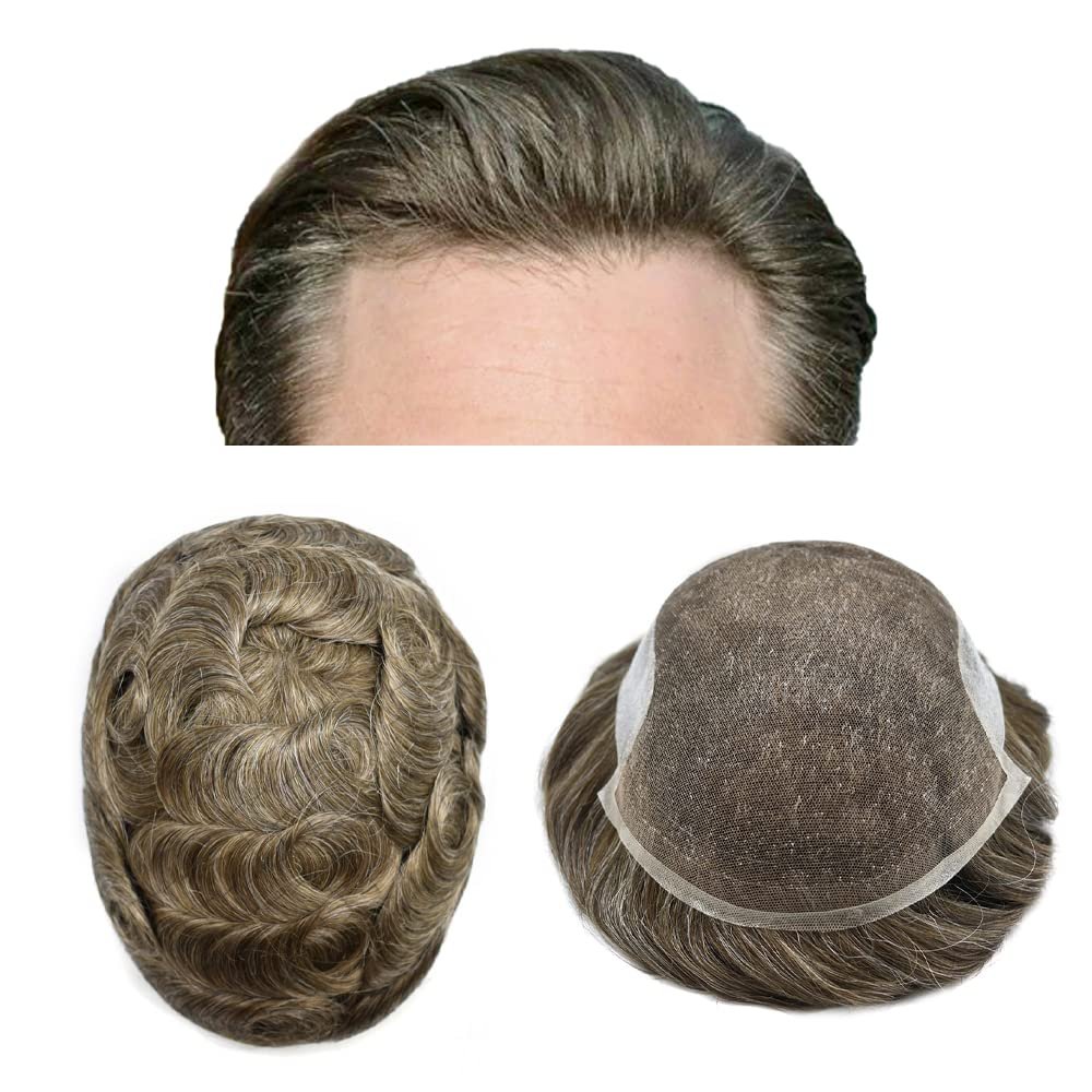 Toupee for men Hair Replacement Lace Front poly skin mens toupee hairpieces Natural human hair system for men Brown Gray Wigs for men hair unit(7"x9", #630 Light Brown+30% Gray-90% Light Density)