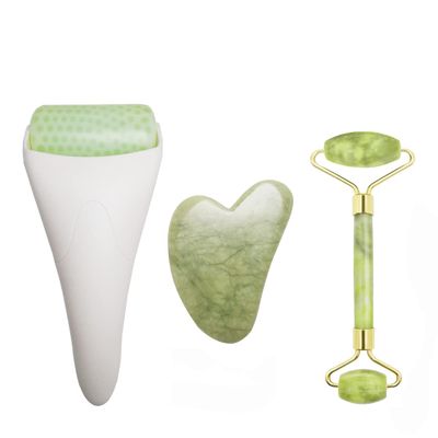 Chikoni 3 in 1 Ficial Face Ice Jade Roller and Gua Sha Tool, Natural Real Jade Anti-Wrinkle Face Eye Neck Massager Tool, Reduce Wrinkles, Puffiness, Migraine, Redness, Pain and Injury
