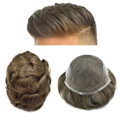 Mens toupee hairpieces human hair system for men hair piece replacement lace front mens hair unit poly skin toupee for men Gray Natural Wigs for men 7"x9",#610 Light Brown+10% Gray-90% Light Density