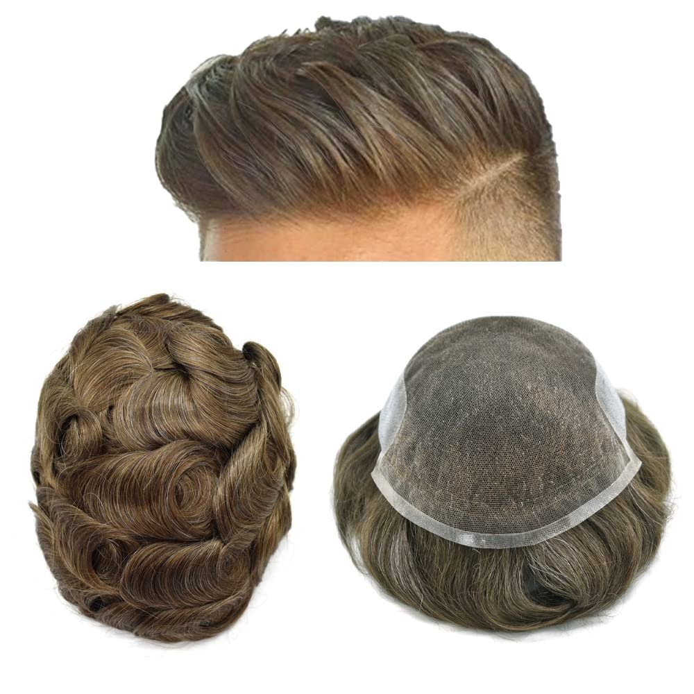 Mens toupee hairpieces human hair system for men hair piece replacement lace front mens hair unit poly skin toupee for men Gray Natural Wigs for men 7"x9",#610 Light Brown+10% Gray-90% Light Density