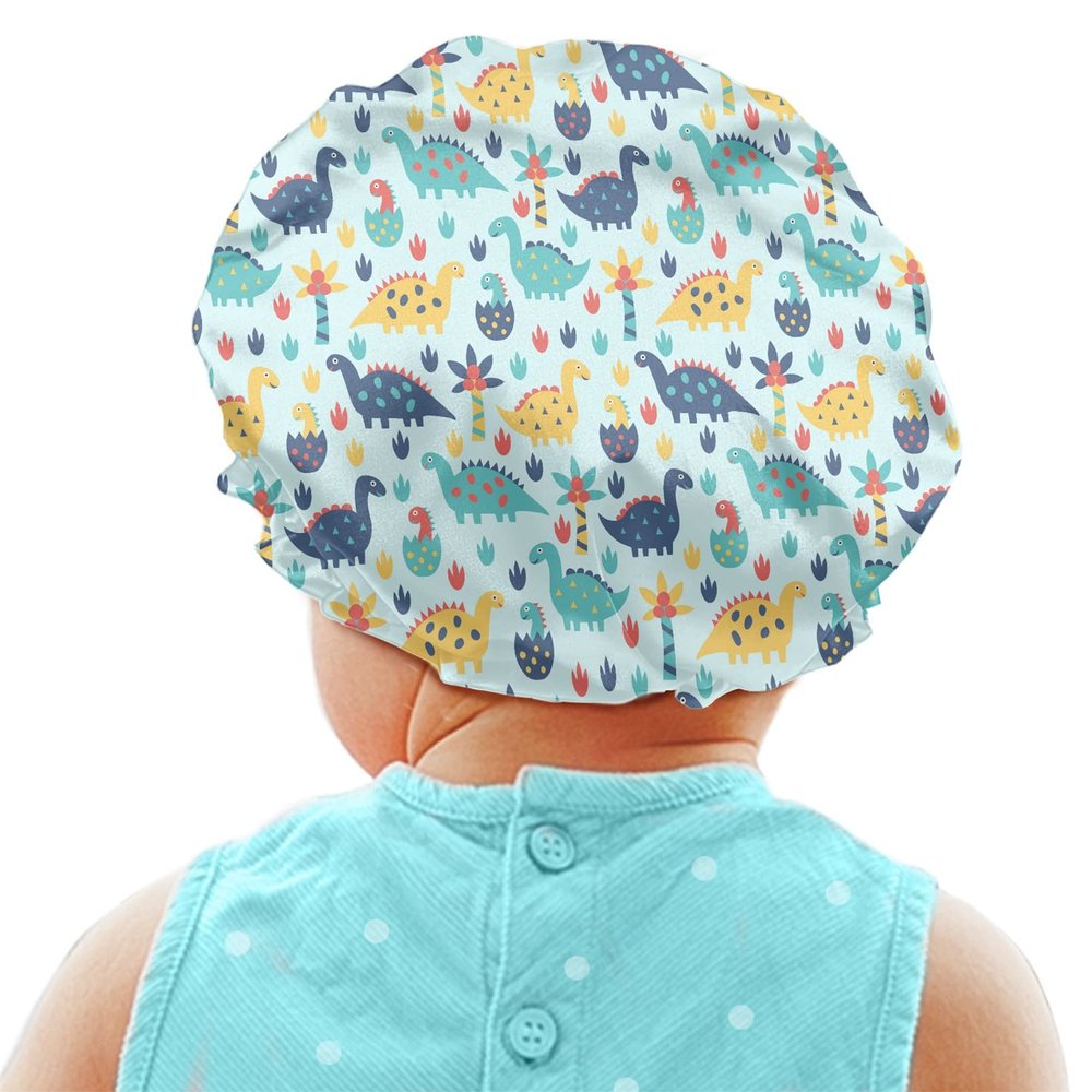 Babrukda Cute Dinosaur Novelty Print Kids Satin Sleep Cap, Elastic Adjustable Band Hat Night Sleeping Head Cover for Hair Stylish Satin Bonnet Beanie Hat for Girls Boys Toddler Baby