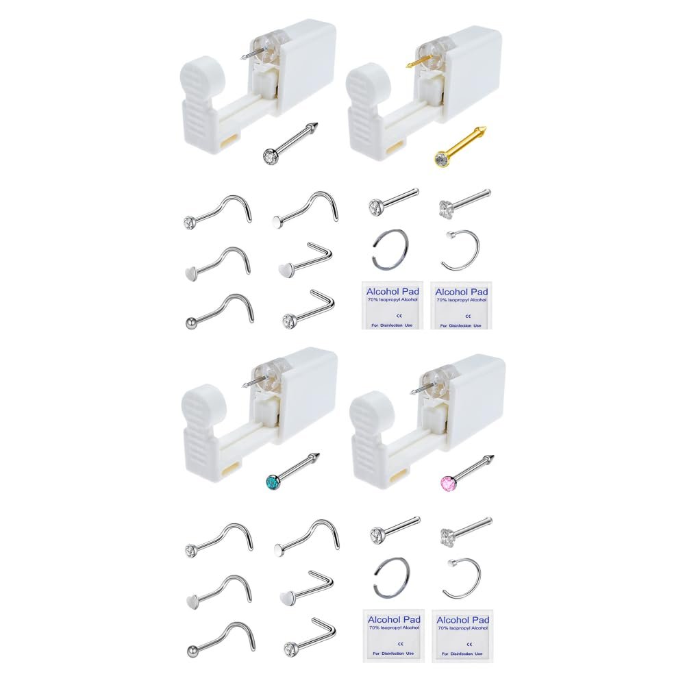 4 Pack Nose Piercing Kit with 20 Rings