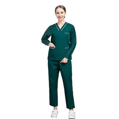 Scrub Set V-neck Uniform Women Long Sleeves Medical Workwear Tops/pants Beauty Salon Spa Shirt Pet Grooming Unisex (Greed,Medium,Medium)