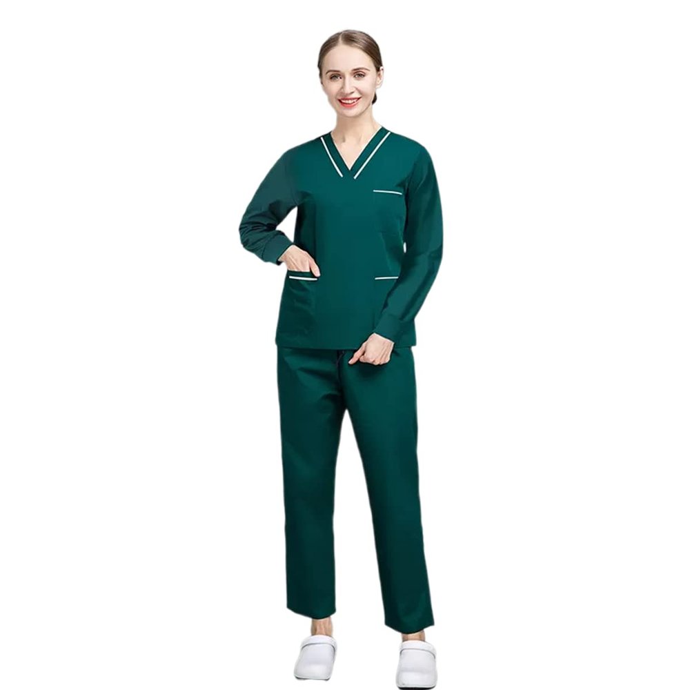 Scrub Set V-neck Uniform Women Long Sleeves Medical Workwear Tops/pants Beauty Salon Spa Shirt Pet Grooming Unisex (Greed,Medium,Medium)