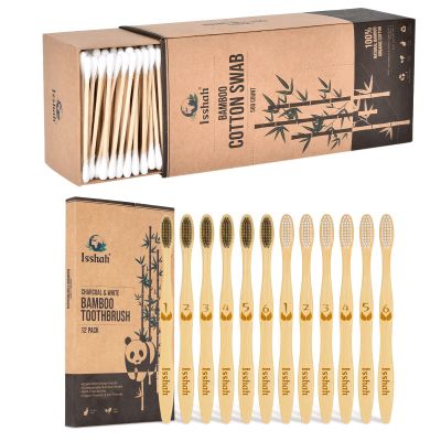 Bamboo Cotton Swabs - 500 Count with Bamboo Charcoal Toothbrushes 12 Count