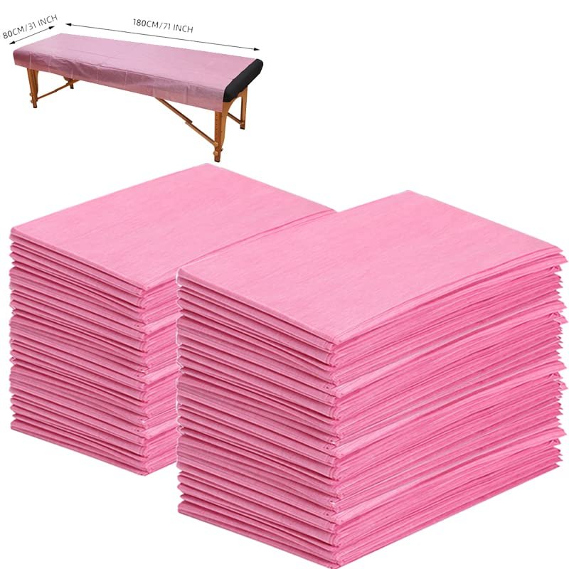 100 PCS Disposable Massage Table Sheets Non Woven Fabric SPA Bed Cover Breathable Polypropylene 31" x 70" Thin, Not WaterproofPink