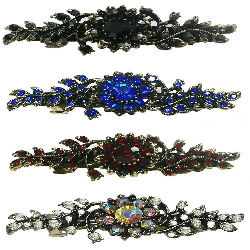 Set of 4 JCGY Mid Size Ornate Crystal Barrette Sparkly Crystals 5A86600-1-4jetGsapRubyCab