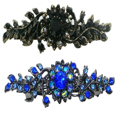 Set of 2 JCGY Mid Size Ornate Crystal Barrette Sparkly Crystals French Clasp 5A86600-1-2jetnSap