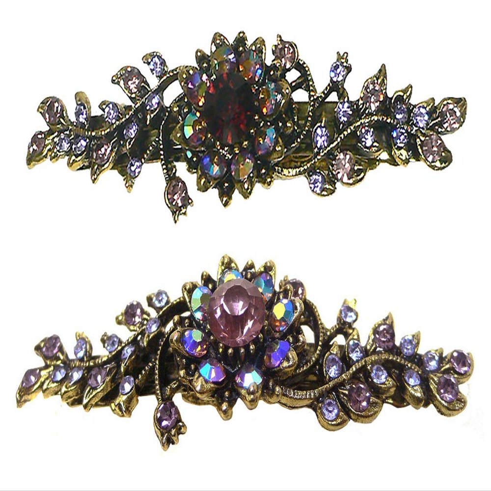 Set of 2 JCGY Mid Size Ornate Crystal Barrette Sparkly Crystals French Clasp 5A86600-1-2AmeLavender