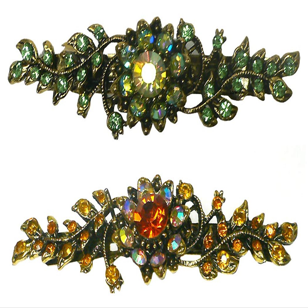 Set of 2 JCGY Mid Size Crystal Barrette Sparkly Crystals French Clasp 5A86600-1-2grnTop