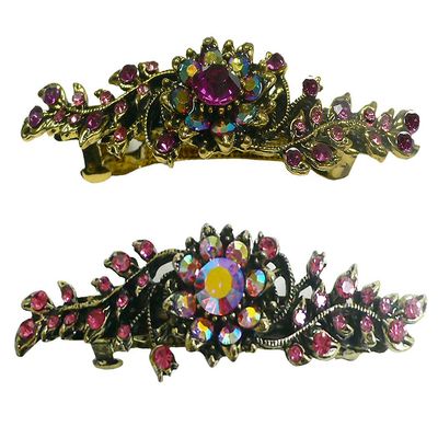 Set of 2 JCGY Mid Size Ornate Crystal Barrette Sparkly Crystals French Clasp 5A86600-1-2fuchsiaPinkAB