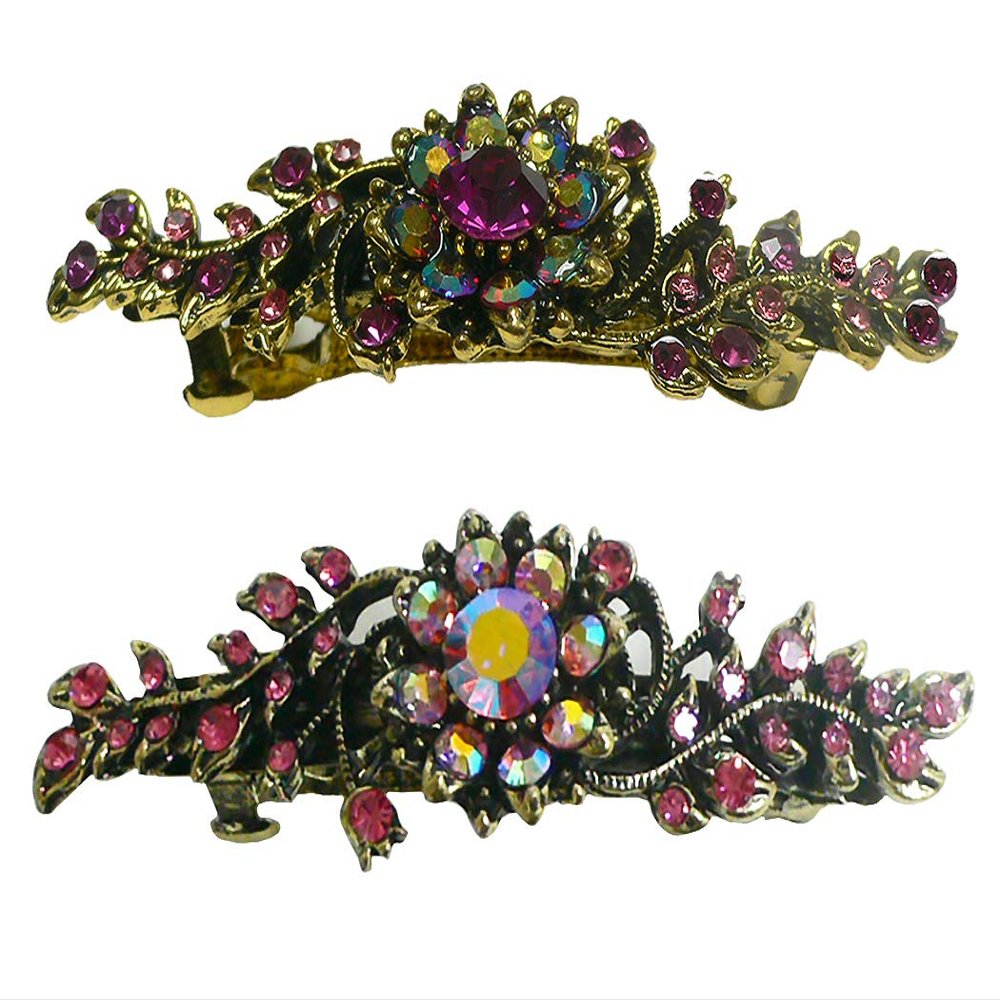 Set of 2 JCGY Mid Size Ornate Crystal Barrette Sparkly Crystals French Clasp 5A86600-1-2fuchsiaPinkAB