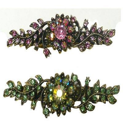 Set of 2 JCGY Mid Size Ornate Crystal Barrette Sparkly Crystals French Clasp 5A86600-1-2pinkABGrn