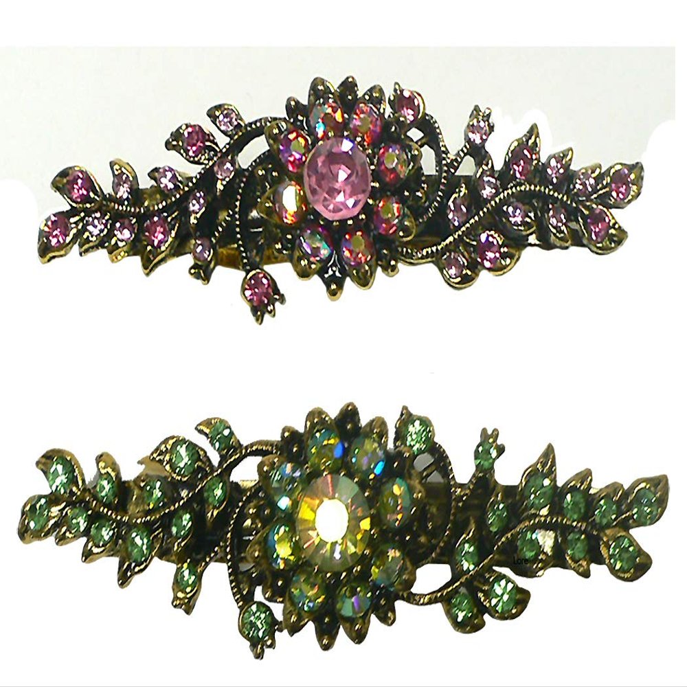 Set of 2 JCGY Mid Size Ornate Crystal Barrette Sparkly Crystals French Clasp 5A86600-1-2pinkABGrn