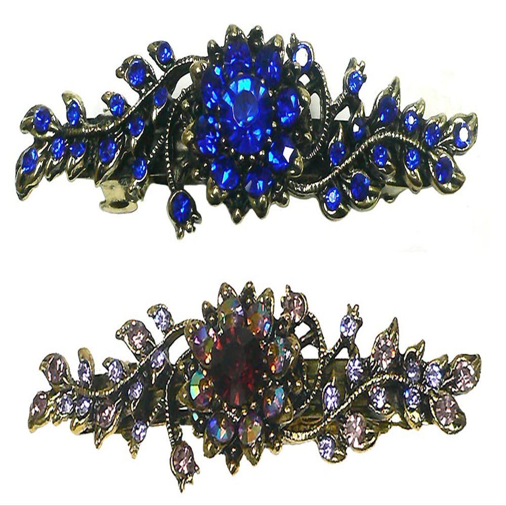 Set of 2 JCGY Mid Size Ornate Crystal Barrette Sparkly Crystals French Clasp 5A86600-1-2gSapAme