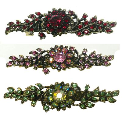 Set of 3 JCGY Mid Size Ornate Crystal Barrette Sparkly Crystals French Clasp 5A86600-1-3rubyPinkFuGrn