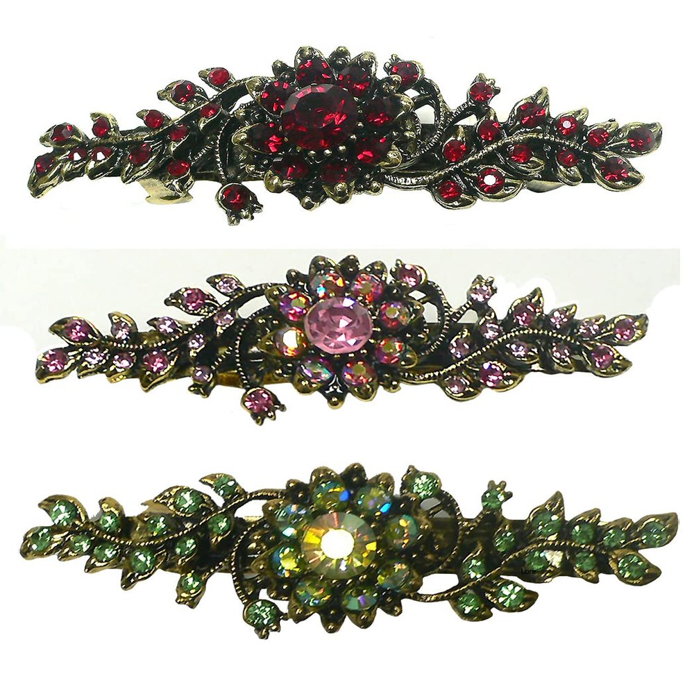 Set of 3 JCGY Mid Size Ornate Crystal Barrette Sparkly Crystals French Clasp 5A86600-1-3rubyPinkFuGrn