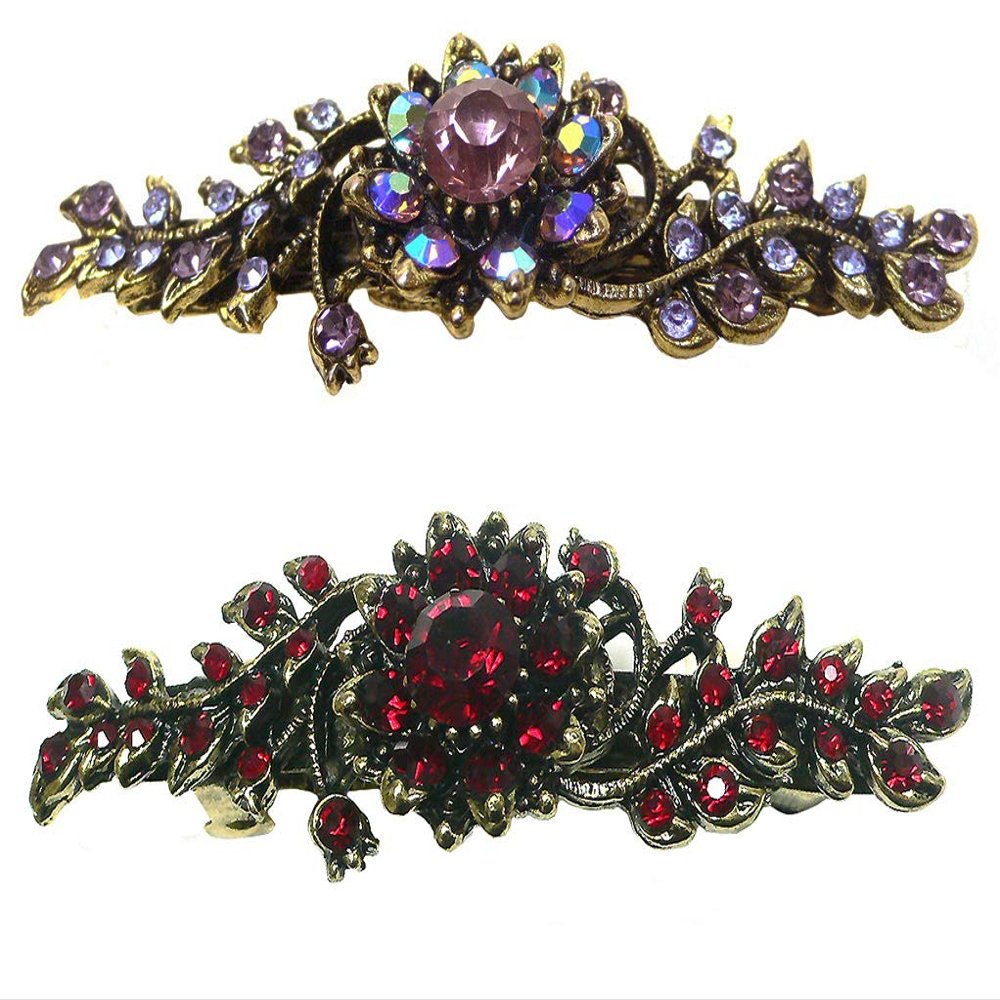 Set of 2 JCGY Mid Size Crystal Barrette Sparkly Crystals French Clasp 5A86600-1-2lavenderRuby