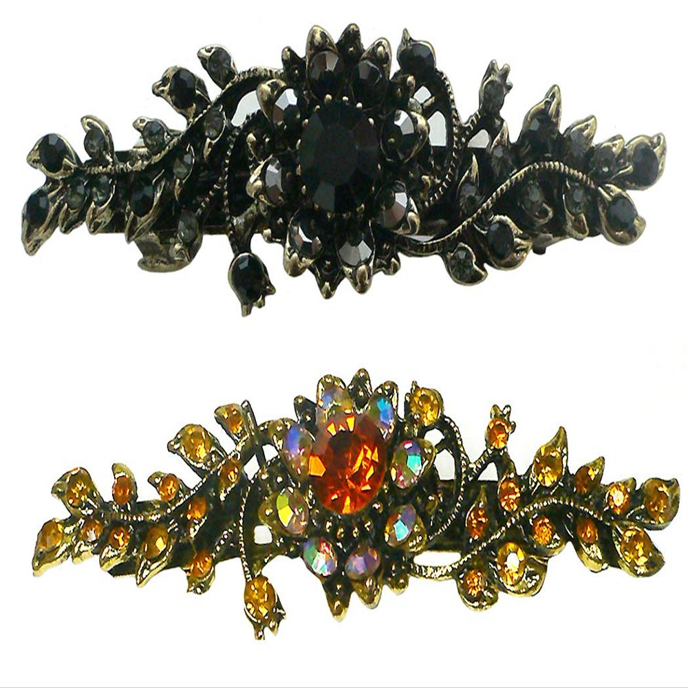 Set of 2 JCGY Mid Size Crystal Barrette Sparkly Crystals French Clasp 5A86600-1-2jetTop