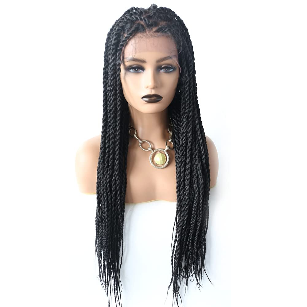 LYRICAL HAIR Twist Braids Women Wig with Baby Hair 12.5"X4.75" Swiss Lace Front Lightweight Hand Braided Glueless Wigs Synthetic 31" Long Hair (LL603663A, #1B Black Color)