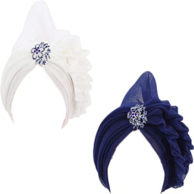 2 Pieces African Laminated Turban Cap ASO Oke Gele Head Wrap Auto Headtie Nigerian Hair Bonnet for Women Headwear (Sapphire+White)