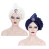 2 Pieces African Laminated Turban Cap ASO Oke Gele Head Wrap Auto Headtie Nigerian Hair Bonnet for Women Headwear (Sapphire+White) view 4