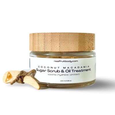 Real Fruit Body Coconut Macadamia Sugar Scrub and Oil Treatment - 100% Pure and Natural, Leaping Bunny Certified Cruelty Free, Vegan, Organic - 3.38 Ounce | 100 ml