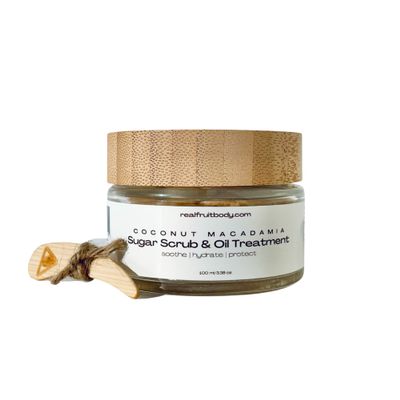 Real Fruit Body Coconut Macadamia Sugar Scrub and Oil Treatment - 100% Pure and Natural, Leaping Bunny Certified Cruelty Free, Vegan, Organic - 1.38 Ounce | 50 ml