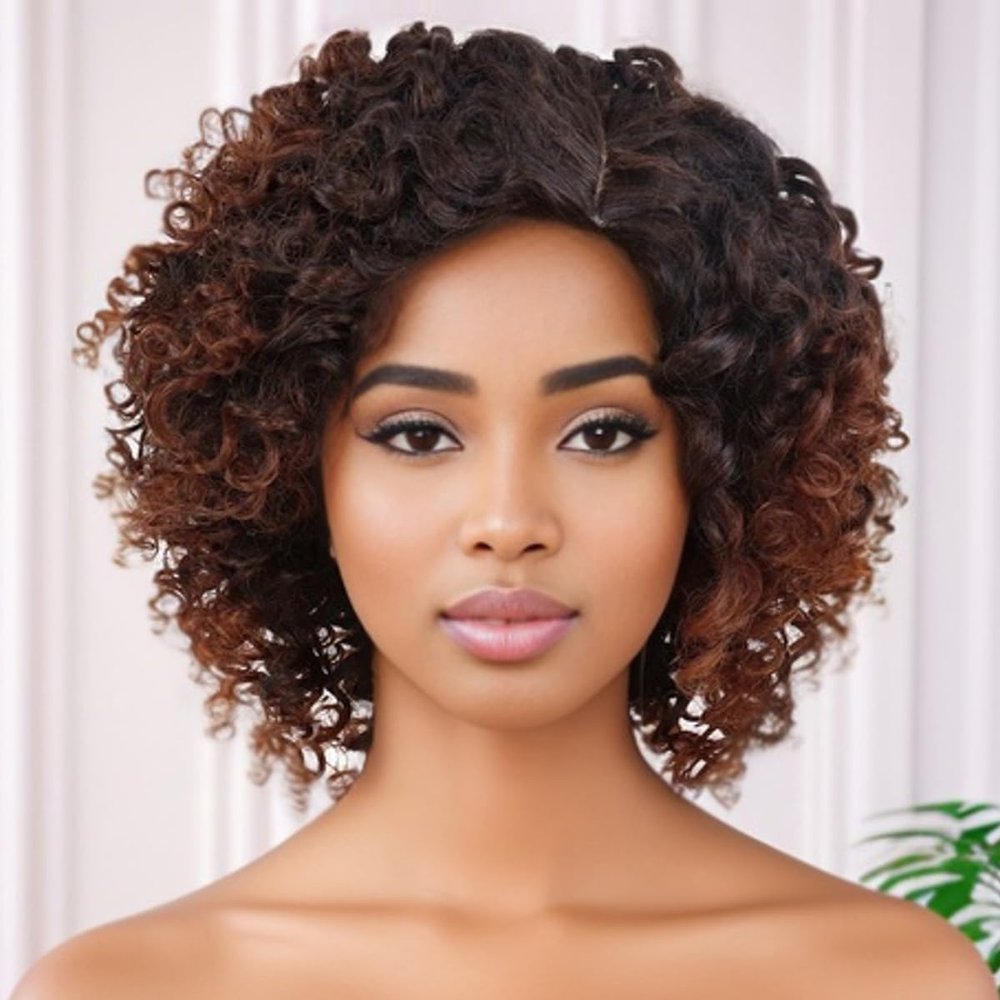 GNIMEGIL Ombre Brown Afro Wigs 70s For Women Short Curly Wig With Side Bangs Synthetic Natural Hair African American Wigs For Black Women Afro Curly V Part Wig Highlights Braided