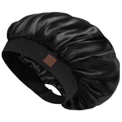 Hat Hut Satin Bonnet Silk Bonnet Sleep Cap for Women Hair Bonnet for Curly Natural Hair Sleeping Adjustable Wide Band Double Layer (Black)