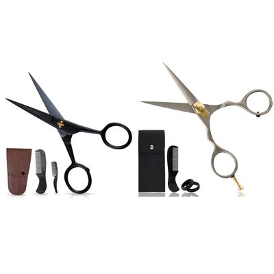 ONTAKI Pack of 2 Beard Scissor, Mustache Scissors - 1 German Steel Black & 1 Japanese Steel Silver - Hand Forged Scissors For Precision - Trimming Scissors for Beards, Mustache, Bangs & Hair