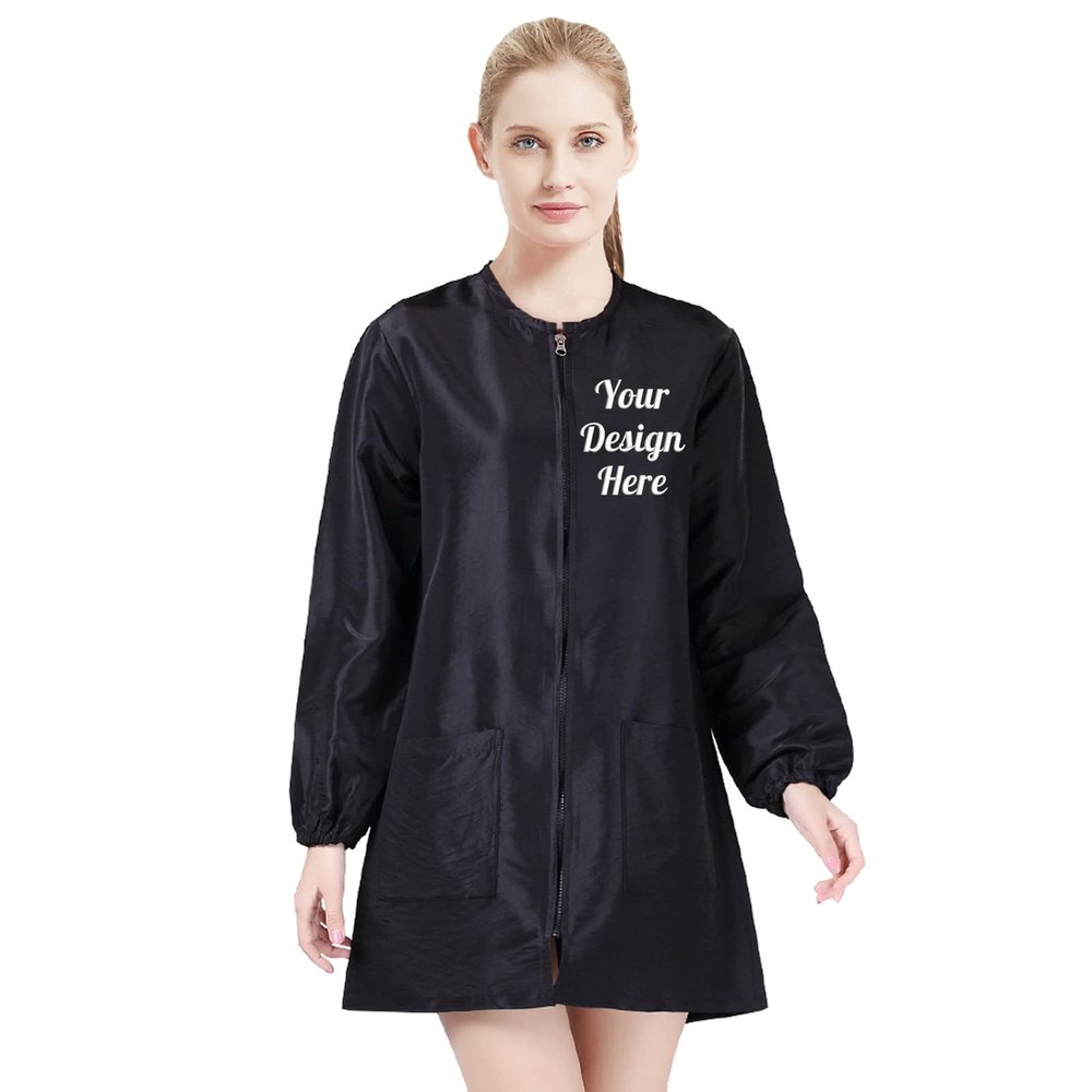 TopTie Custom Satin Long Sleeve Salon Smock, Unisex Barber Cape Jacket for Hair Stylist or Pet Grooming-Black-M