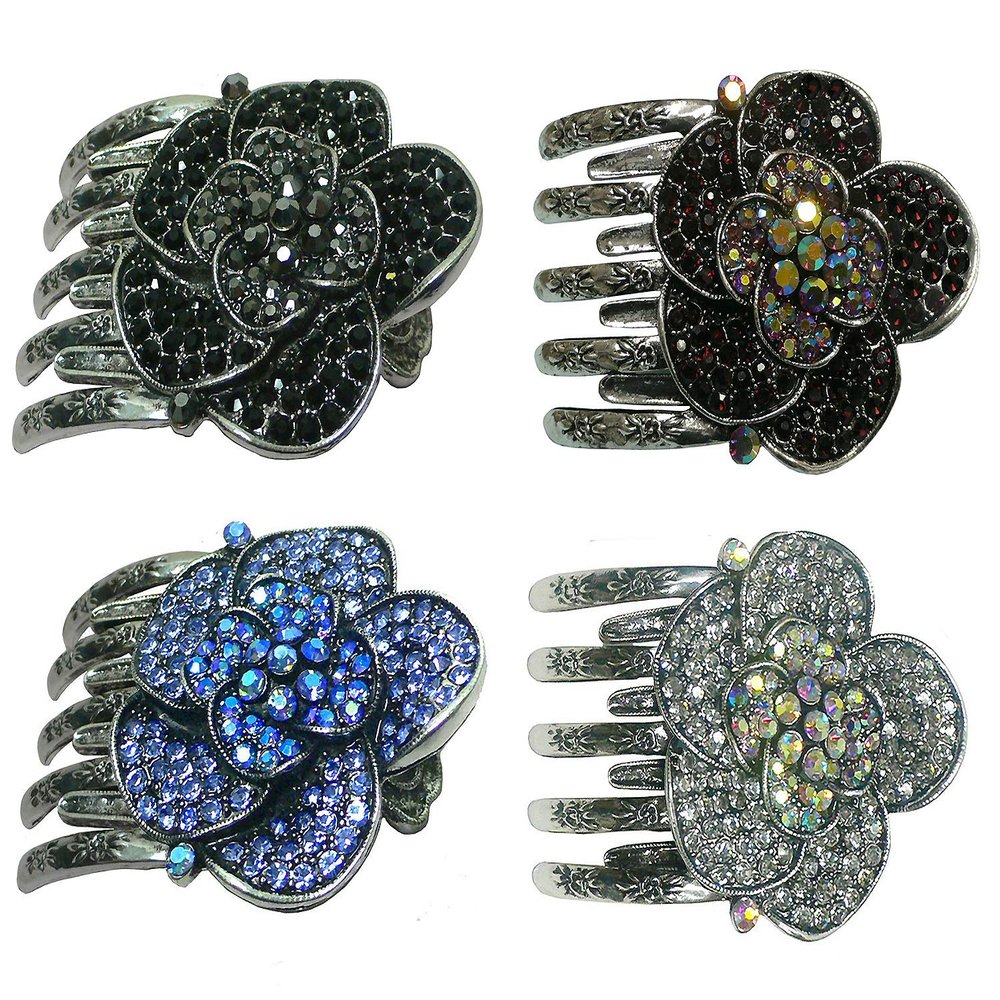 Set of 4 JCGY Hair Slide Crystal Sparkled Metal Hair Clamp 5A86104-1-4jetSapAmeCrys
