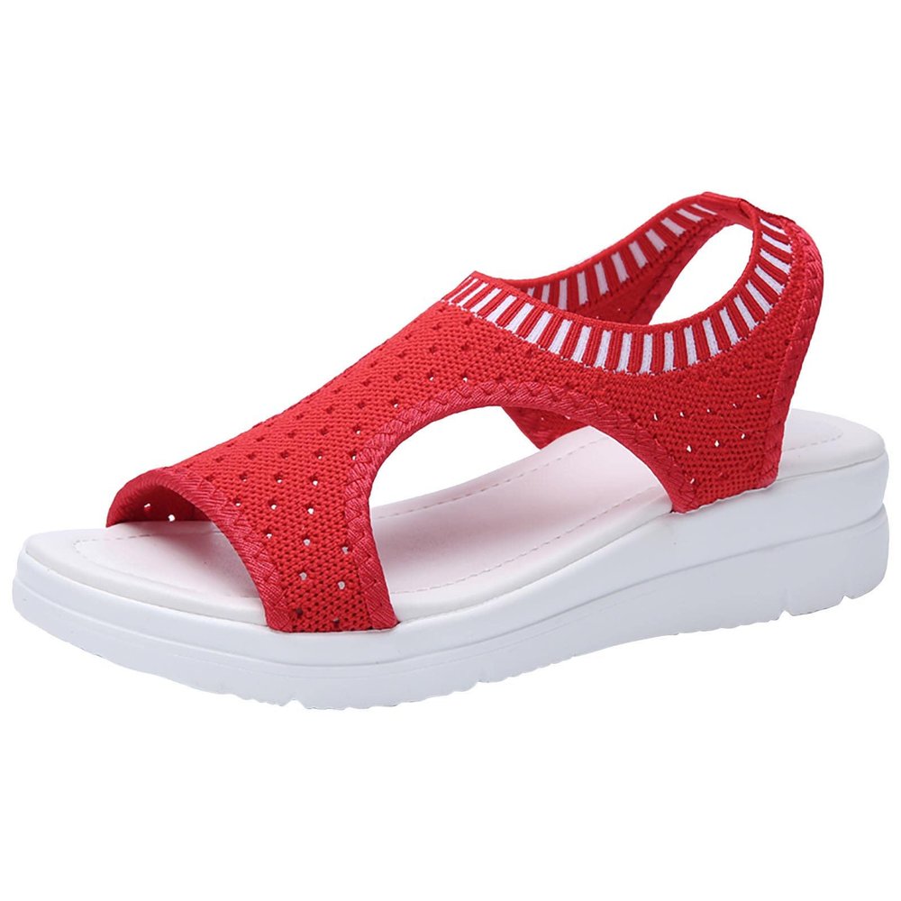 oiangi Knitted Wedge Sandals for Women Fashion Fish Mouth Open Toe Hollow Mesh Breathable Slip-on Platform Sport Sandals Summer Stretchy Comfy Walking Shoes Red