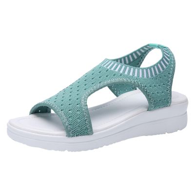 oiangi Knitted Wedge Sandals for Women Fashion Fish Mouth Open Toe Hollow Mesh Breathable Slip-on Platform Sport Sandals Summer Stretchy Comfy Walking Shoes Mint Green