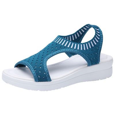 oiangi Knitted Wedge Sandals for Women Fashion Fish Mouth Open Toe Hollow Mesh Breathable Slip-on Platform Sport Sandals Summer Stretchy Comfy Walking Shoes Dark Blue